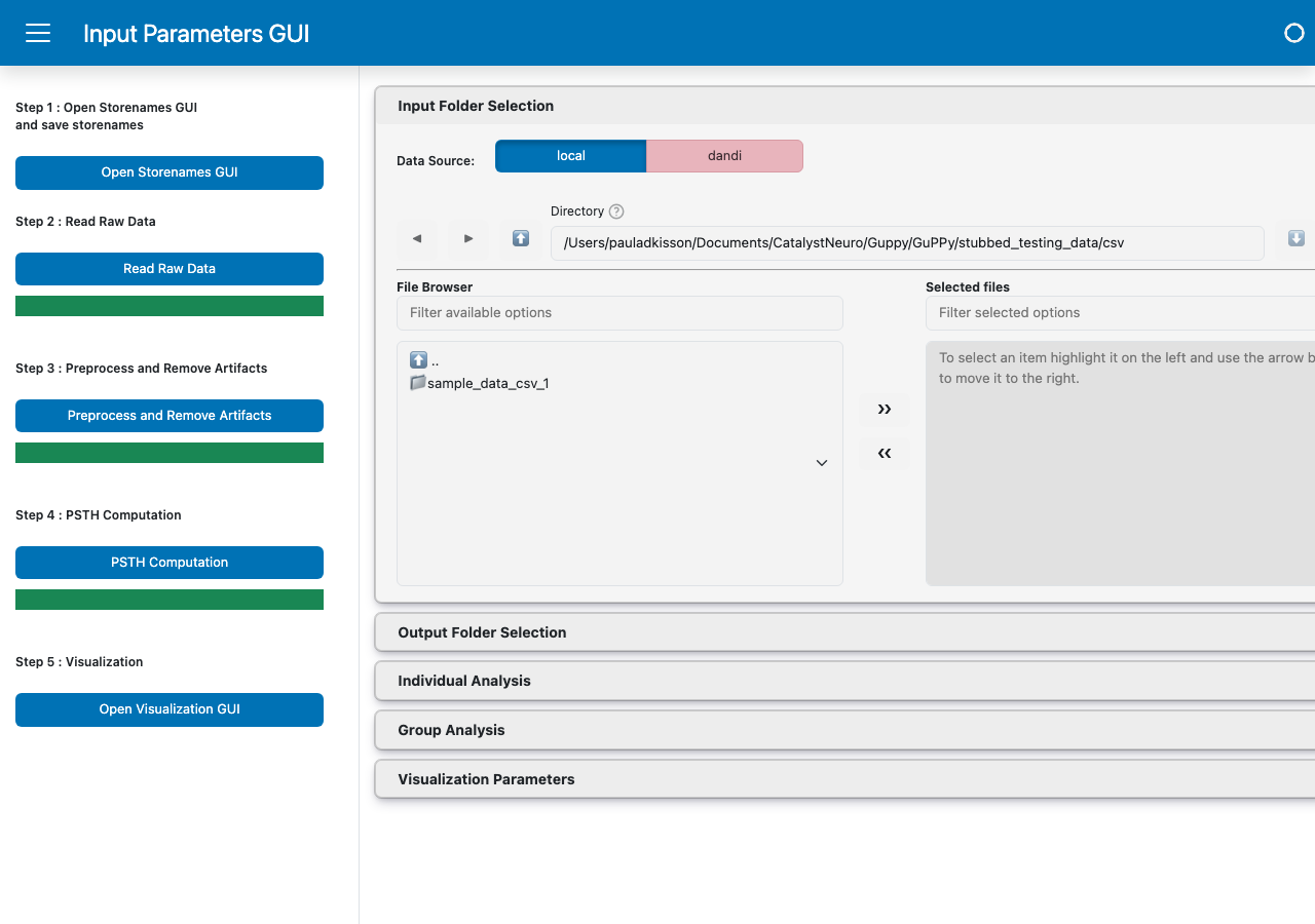 GuPPy Input Parameters GUI homepage