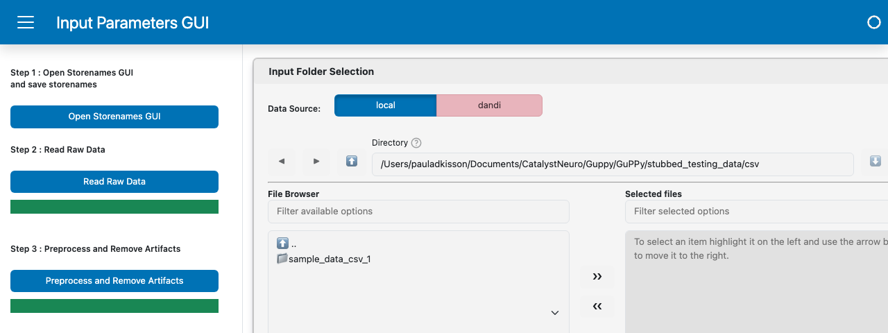 GuPPy homepage Individual Analysis card showing the file browser with the sample_data_csv_1 folder available for selection