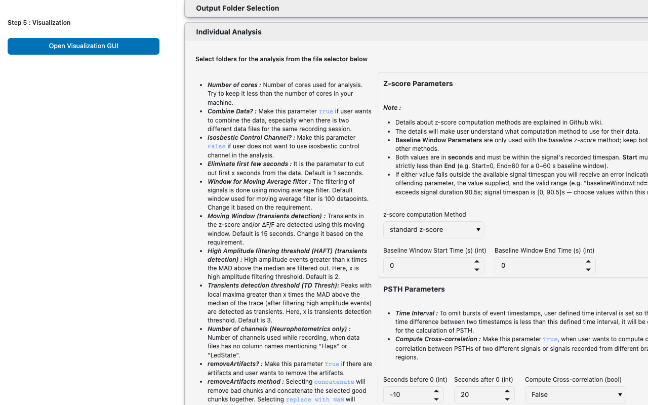 GuPPy Individual Analysis card showing the parameter widgets: number of cores, combine data, isosbestic control, z-score method, baseline window, and PSTH window