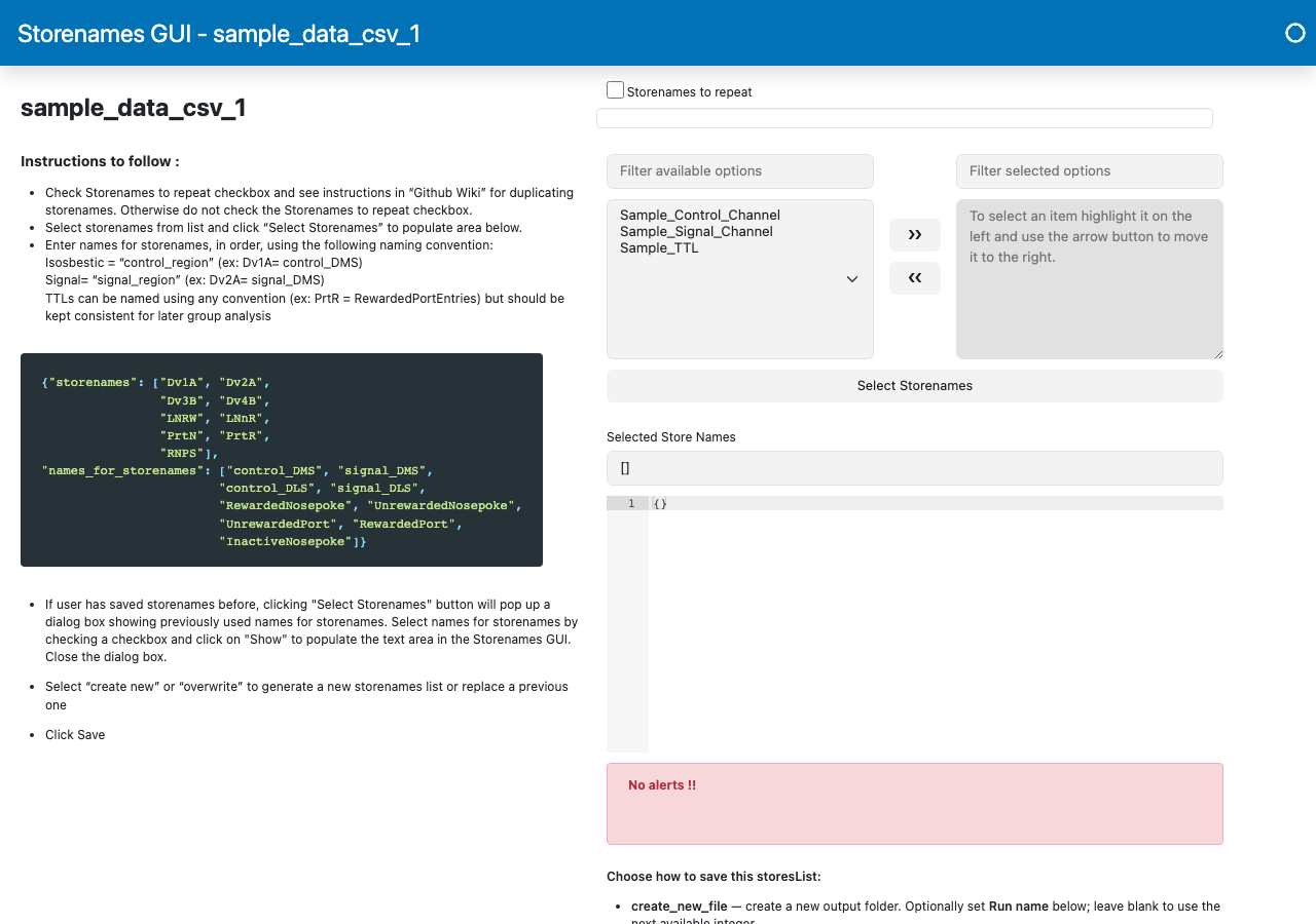 Storenames GUI with the three sample CSV channels listed as available options