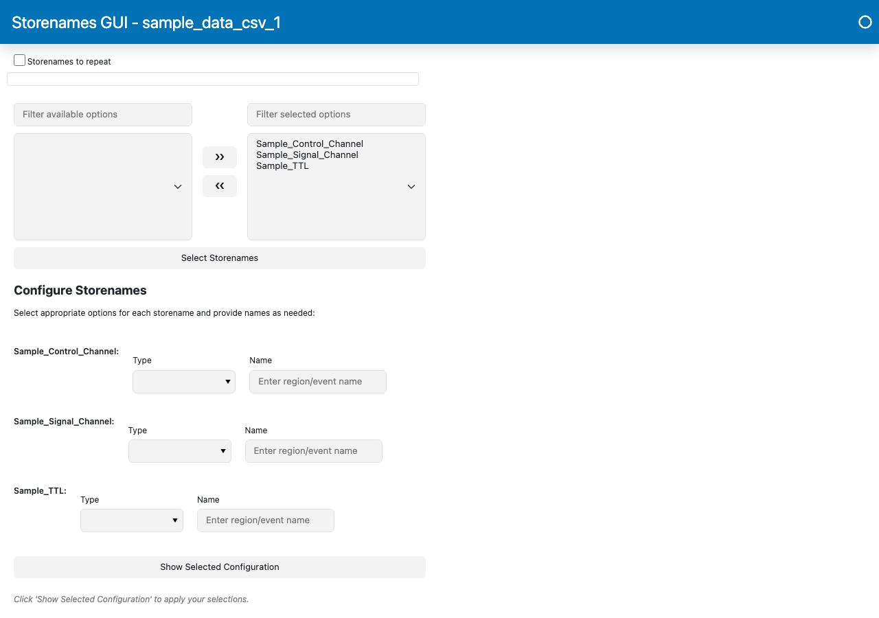 Label Stores GUI after clicking Select Label Stores, showing the Configure Label Stores section with a Type dropdown and Name field for each of the three channels