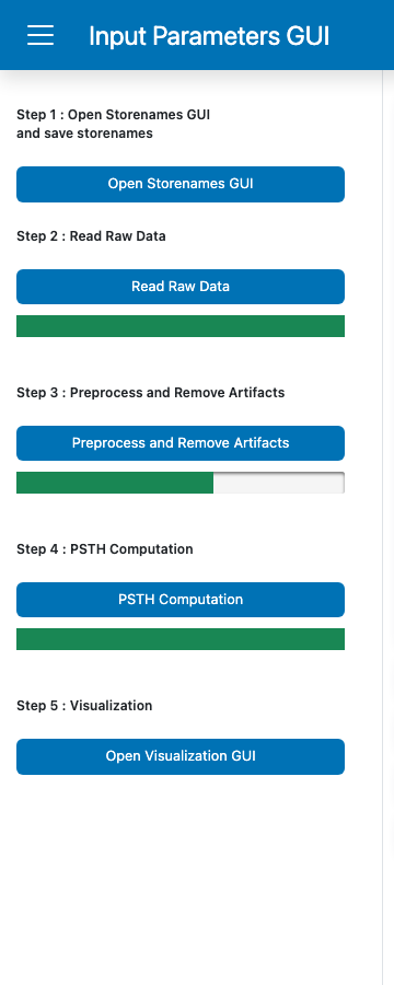 GuPPy homepage sidebar with the Preprocess and Remove Artifacts progress bar partially filled